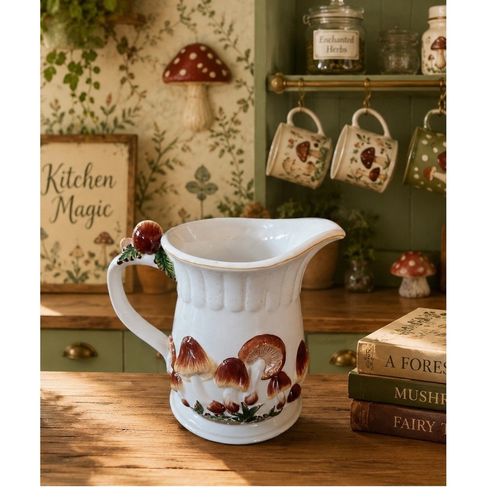 Vintage KK White Ceramic Pitcher Creamer‎ Mushroom Woodland Farmhouse Kitchen